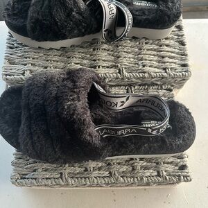 UGG Black Furry Slides with Logo Strap